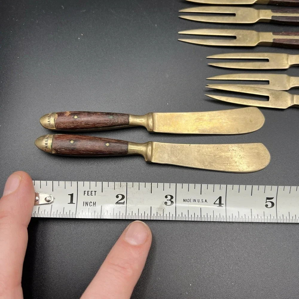 VTG Brass & Wood Demitasse Forks Knives & Spoon -‎ Lot of 10 - Thailand - Unique